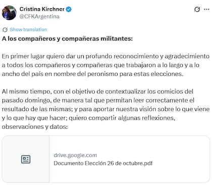 El posteo de Cristina Kirchner que contiene un extenso análisis sobre las elecciones (X: @CFKArgentina)