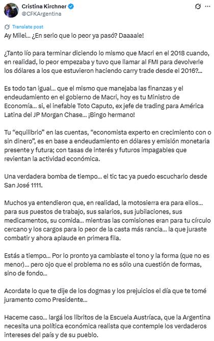El posteo de Cristina Kirchner tras el anuncio del Presupuesto 2026 (Fuente: @CFKArgentina)