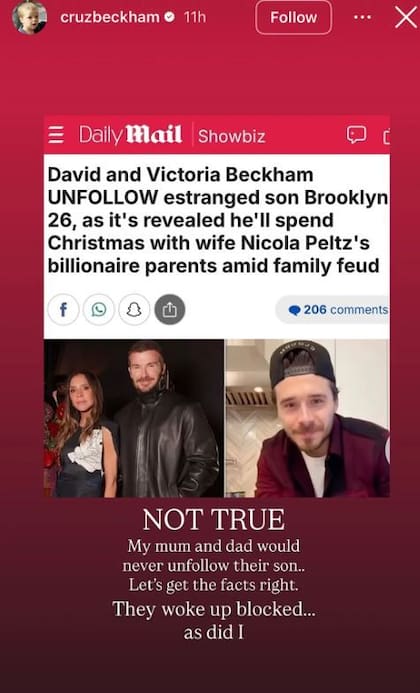 El posteo de Cruz Beckham en redes sociales