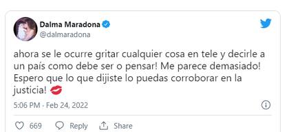 El posteo de Dalma Maradona contra Viviana Canosa (Foto: Captura Twitter/@dalmaradona)