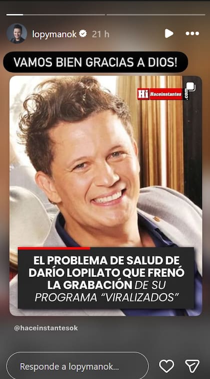 El posteo de Darío Lopilato en el que confirmó que se encuentra bien