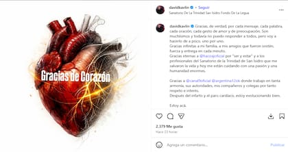 El posteo de David Kavlin en Instagram tras quedar internado por triple infarto