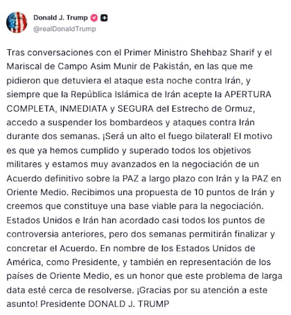 El posteo de Donald Trump en Truth Social donde anunció un cese al fuego temporal