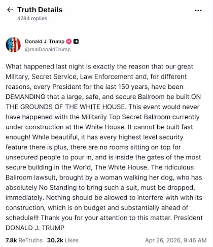 El posteo de Donald Trump en Truth Social tras el tiroteo