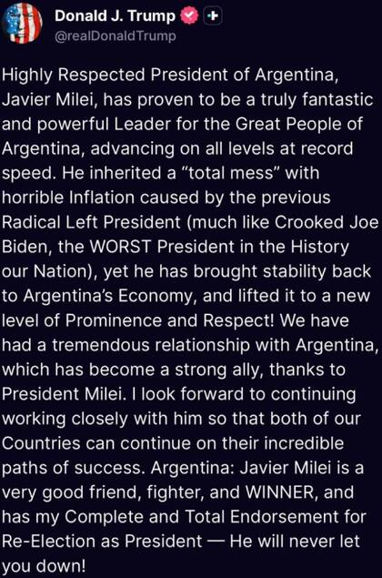 El posteo de Donald Trump luego de la reunión con Javier Milei en Nueva York (Truth Social: @realDonaldTrump)