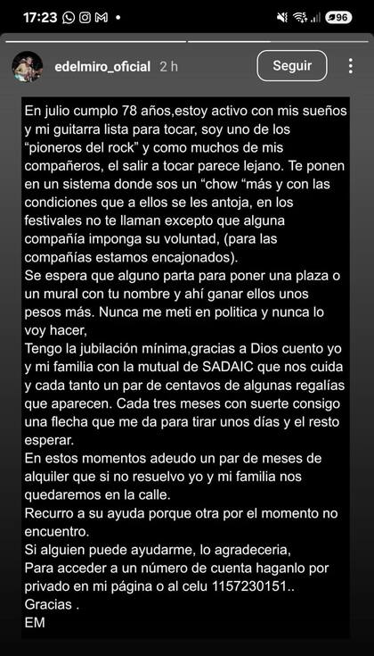 El posteo de Edelmiro Molinari en Instagram