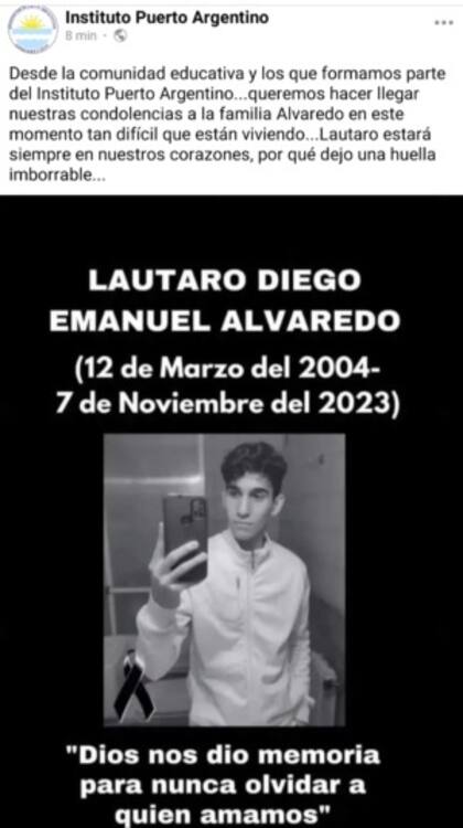 El posteo de Facebook del colegio donde iba Lautaro Alvaredo para despedirlo
