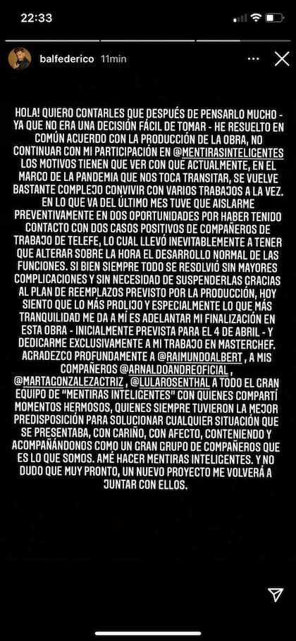 El posteo de Fede Bal explicando los motivos de su renuncia.