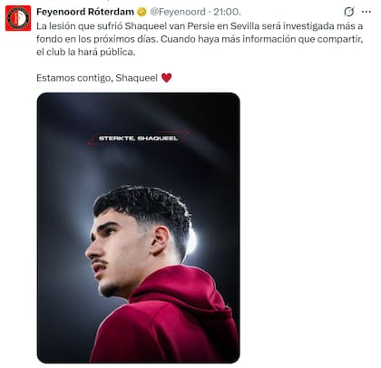 El posteo de Feyenoord sobre la lesión de Shaqueel van Persie