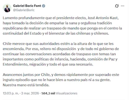 El posteo de Gabriel Boric en su cuenta de X