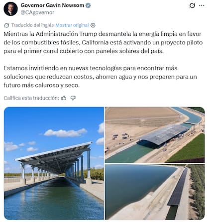 El posteo de Gavin Newsom destacando la apuesta por generar energía limpia en el Valle Central de California