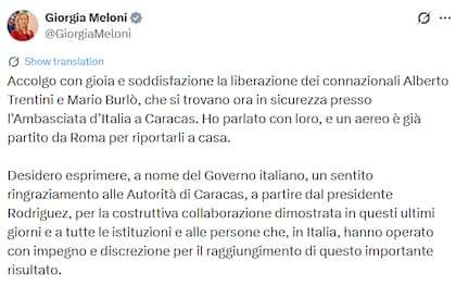 El posteo de Giorgia Meloni tras la liberación de presos políticos en Venezuela (X: @GioigiaMeloni)