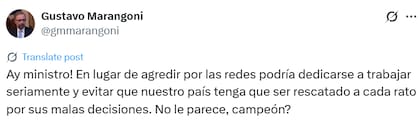El posteo de Gustavo Marangoni en respuesta a Luis Caputo (X: @gmmarangoni)