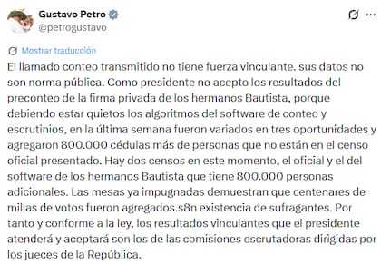El posteo de Gustavo Petro tras las elecciones en Colombia (X: @petrogustavo)