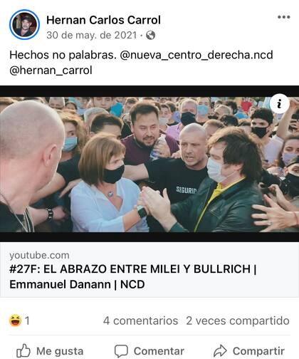 El posteo de Hernán Carrol de la foto en la que se lo ve entre Patricia Bullrich y Javier Milei