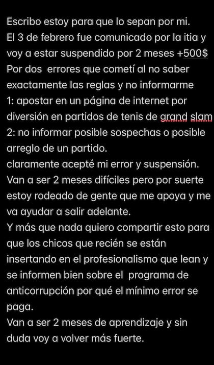 El posteo de Hernán Casanova reconociendo el error cometido