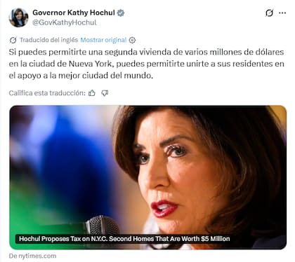 El posteo de Hochul en X sobre el impuesto a los ultrarricos que tienen una segunda vivienda en Nueva York