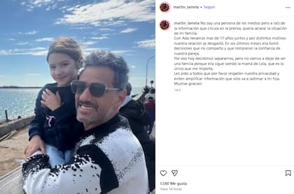 El posteo de Instagram con el que Martín Lamela confirmó su separación de Adabel Guerrero (Foto: Instagram @martin_lamela)