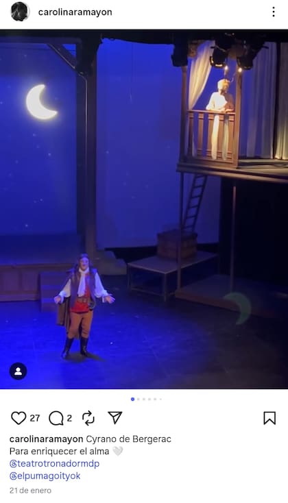 El posteo de Instagram de Carolina Ramayón cuando fue a ver a Goity al Teatro Tronador en Ma del Plata, a fines de enero