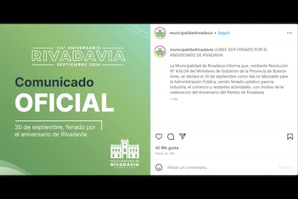 El posteo de Instagram de la municipalidad de Rivadavia por el feriado