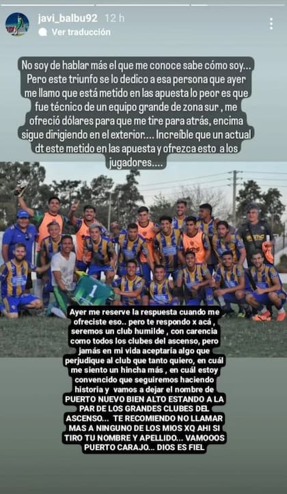 El posteo de Javier Balbuena en Instagram