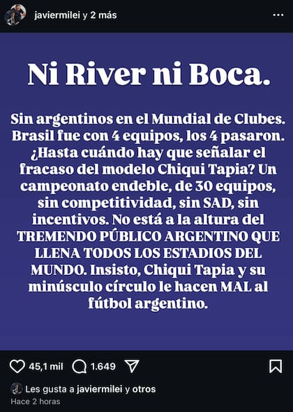El posteo de Javier Milei en Instagram sobre el Mundial de Clubes