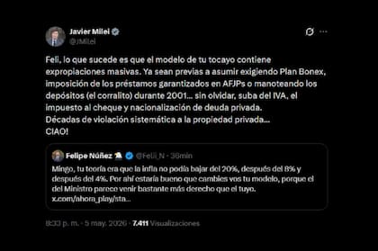 El posteo de Javier Milei sobre las declaraciones de Domingo Cavallo
