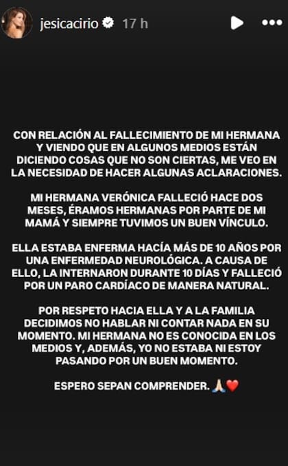 El posteo de Jésica Cirio aclarando los motivos del fallecimiento de su media hermana