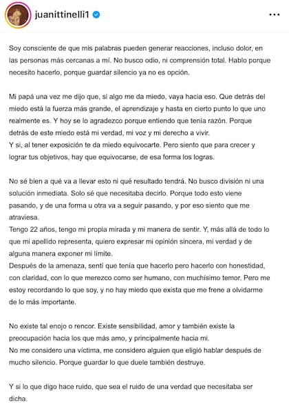 El posteo de Juanita Tinelli (Fuente: @juanittinelli1)