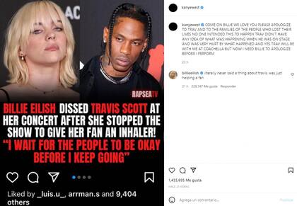 El posteo de Kanye West sobre Billie Eilish (Crédito: Instagram/@kanyewest)