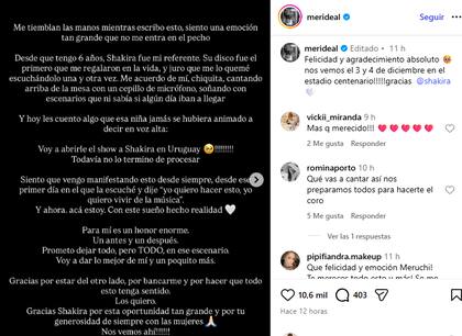 El posteo de la cantante uruguaya Meri Deal en el que anunció que será la telonera de Shakira