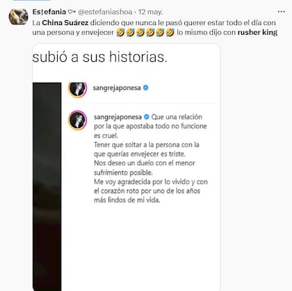 El posteo de la China Suárez que se volvió viral porque repitió la misma frase sobre Rusherking y Mauro Icardi (Foto: Captura X @estefaniashoa)