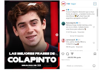 El posteo de la F1 sobre Colapinto