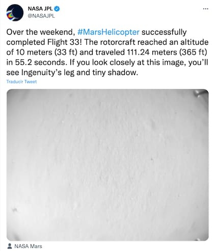 El posteo de la NASA sobre el helicóptero Ingenuity de Marte