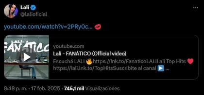 El posteo de Lali en X mientras Javier Milei era entrevistado por Jonatan Viale