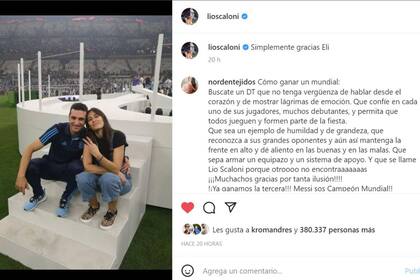 El posteo de Lionel Scaloni, donde por primera vez subió una foto de su esposa, Elisa Montero
