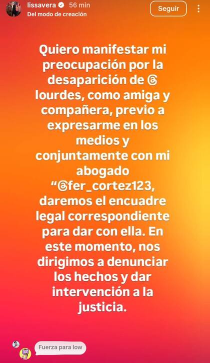 El posteo de Lissa Vera después de la desaparición de Lowrdez