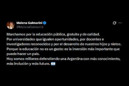 El posteo de Malena Galmarini sobre la marcha universitaria a Plaza de Mayo