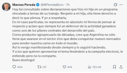 El posteo de Marcos Pereda tras conocerse la frase de su hija