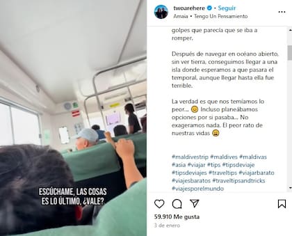 El posteo de Marga y Juan sobre el susto que se llevaron en su viaje por Maldivas