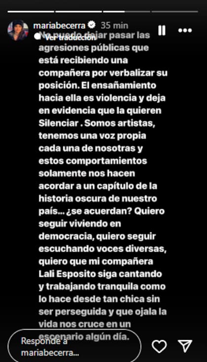El posteo de María Becerra en Instagram