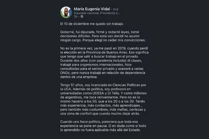 El posteo de María Eugenia Vidal en LinkedIn