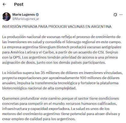 El posteo de Mario Lugones en X