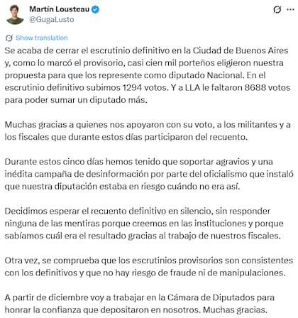 El posteo de Martín Lousteau luego de que se confirmara su banca como diputado por la provincia de Buenos Aires (X: @GugaLusto)