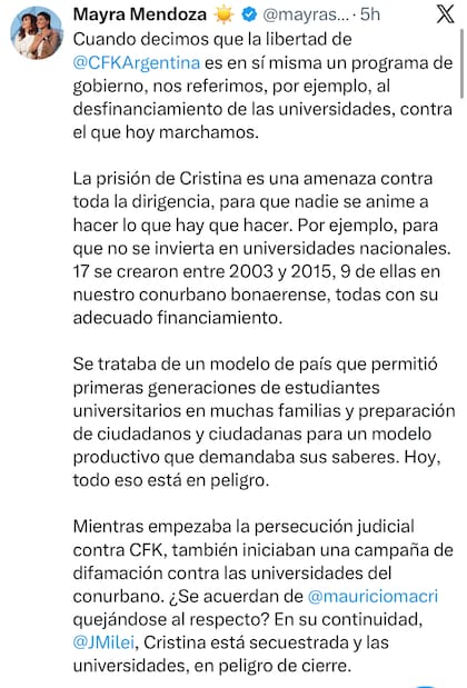 El posteo de Mayra Mendoza