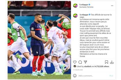 El posteo de Mbappé en Instagram en el que expresó su dolor por la eliminación