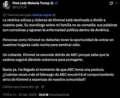 El posteo de Melania Trump en X contra Jimmy Kimmel