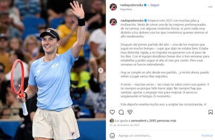 El posteo de Nadia Podoroska donde contó las reiteradas lesiones que la obligaron a apartarse, parcialmente, del circuito de la WTA