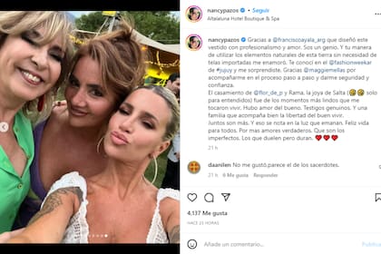 El posteo de Nancy Pazos tras el casamiento de Florencia Peña (Foto: Instagram @nancypazos)