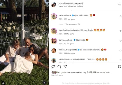 El posteo de Neymar y Bruna, con los comentarios de sus seguidores y el "Me Gusta" de Antonela Roccuzzo